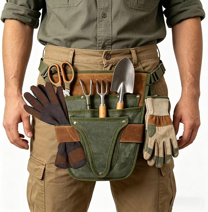 Gardening Tool Pouch for Waist, Hands-Free Canvas Tool Belt with 6 Pockets – Adjustable Waist Apron for Trowel, Pruner & Weeder (Gardening Tools NOT Included)-Green