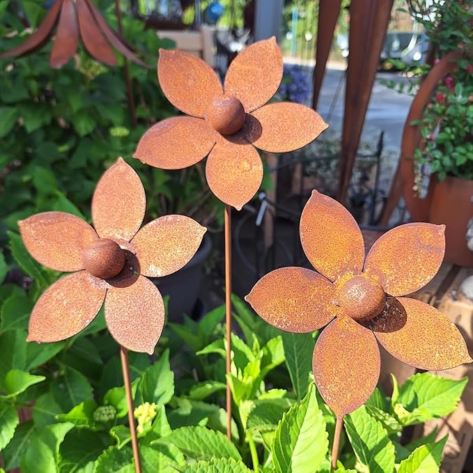 Rustic Metal Coneflower Garden Stakes, Set of 3, Rusted Iron Daisy Yard Art, 12.6x4 Inch, Weather-Resistant Lawn Pathway, Patio Decor (Metallic)