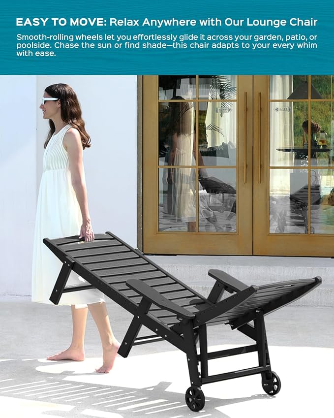 Ciokea Outdoor Lounge Chair Set of 4, All Weather Patio Chaise Lounge Chair for Outside, HDPE Chair with Rolling Wheels & Cup Holder, 5 Position, Deck, Pool, Black