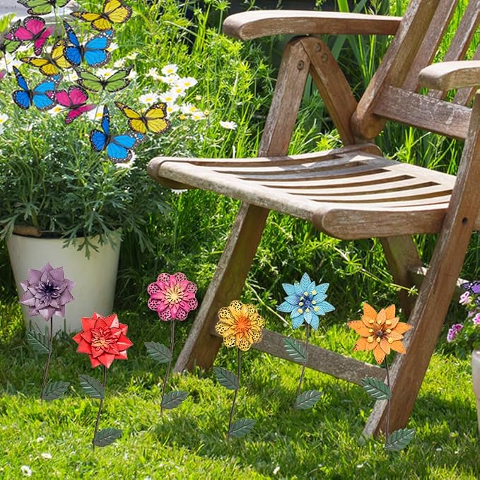 YEAHOME Garden Decor for Outside, 6 Pack Flower Garden Stakes Outdoor Decor Metal Shaking Head Yard Art, Weather Proof Flower Stakes for Yard Porch Lawn Pathway Pot Decorations(Multi-Color)