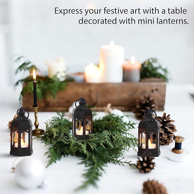 Mini Moroccan Lanterns with Flicker LED Candles Set of 12, Black Vintage Decorative Hanging Lanterns for Ramadan Decorations, Christmas, Halloween, Wedding Decor, Party, Table Centerpiece