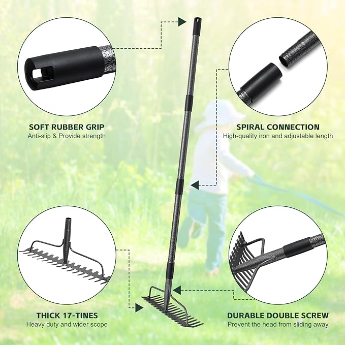 49'' Bow Rake Heavy Duty Garden Rake with Stainless Steel Handle, Tines Metal Head Rake Tool for Loosening Soil Gathering Leaf Leveling Lawn Farming Land Management Yarn Thatch Rake