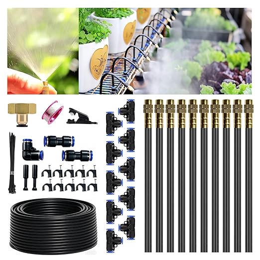 30FT 360° Mist Spray Drip Irrigation System - Garden Watering Kit with 10 Fine Mist Nozzles, Adjustable Atomizing Sprinkler for Greenhouse, Potted Plants, Raised Beds, Yard, 1/4 inch Hose
