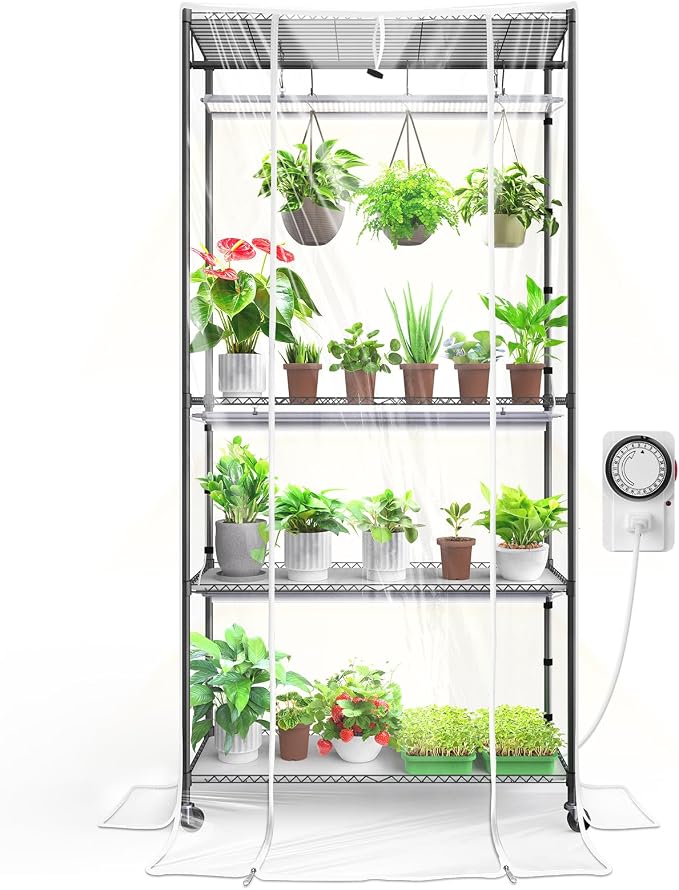 Barrina CX3Z Indoor Greenhouse with Grow Light, Full Spectrum 3FT 108W Plant Growing Lamp, 4-Tier Metal Plant Stand with Zippered EVA Cover, Wheels & Timer, 35.4"x13.8"x70.9"