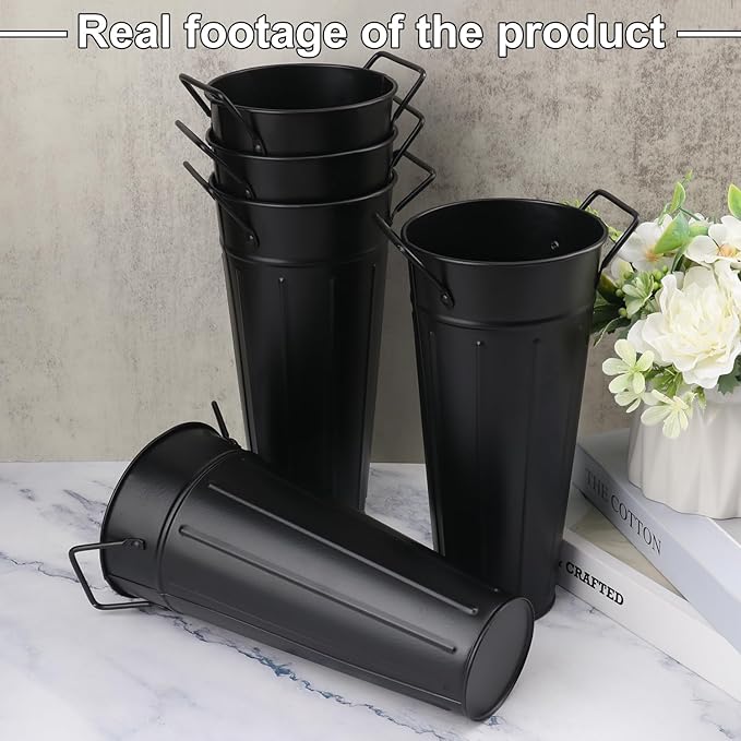 12 PCS 9 Inch Metal Flower Vase for Cut Flowers, Galvanized Metal Floral Buckets, Vintage Style Galvanized Flower Bucket for Home Décor & Wedding Centerpiece (Black)