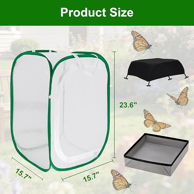 Butterfly Habitat Cage 15.7" x 15.7" x 23.6", Pop-up Caterpillar Enclosure with Poop Tray for Easy Clean, Outdoor Monarch Butterfly & Insect Net Cages Terrarium with Sunshade Top.