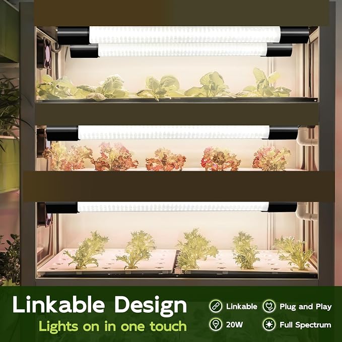 Hlite 16inch 4 Pack Grow Light Shop Light-Linkable Grow Lights for Indoor Plants, Full Spectrum Plant Lights Plug and Hanging with On/Off Switch Hanging Light from Seedling to Flowering, White