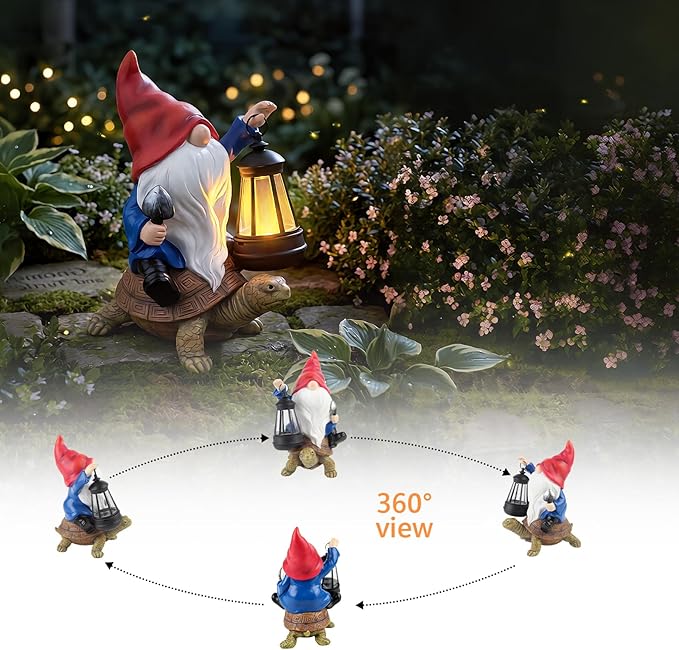 Solar Garden Gnome Statue with LED Lantern, Funny Gnome Riding Turtle Outdoor Decor for Yard Patio Lawn Balcony Porch, Waterproof Resin Gnome Figurine Home Decoration, Gifts for Women Mom Grandma