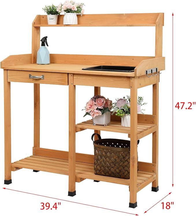 Garden Potting Bench,Wooden Garden Workbench with Storage Shelves for Patio,Backyard and Porch (Burlywood with Drawers and Sink)