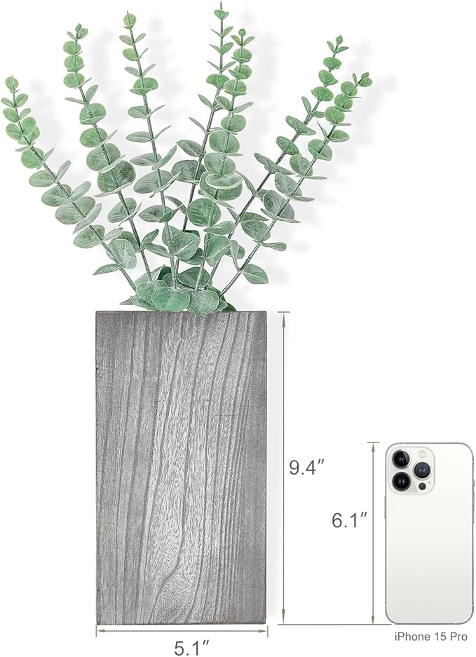Dahey 2 Pack Wood Wall Planter Vase with Artificial Eucalyptus Farmhouse Wall Hanging Decor Pocket Planter for Indoor Fake Plants Greenery, Living Room Bedroom Kitchen Home Office Decoration, Grey