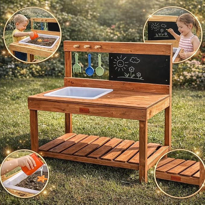 Wooden Potting Bench with Chalkboard, Removable Basin, Storage Shelf and Hooks, Outdoor Garden Work Table,Educational Gardening Tools, Natural Wood Finish (Paint Red)