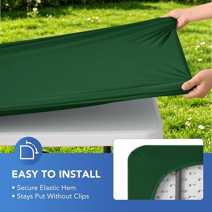 Fitted Tablecloth for 8 Foot Rectangle Tables-6 Pack Hunter Green Elastic Outdoor Picnic Table Cover-Spandex Stretch Christmas Table Cloths 8ft for Camping Dining Patio Kitchen Banquet Party