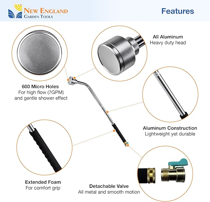 30 Inch Soft Rain Watering Wand 600003, Gentle Shower Spray, Heavy Duty Lightweight Metal Build, Comfort Grip, Flow Control Shut Off Valve, for Plants, Yards, Cars & Pets, by New England Garden Tools