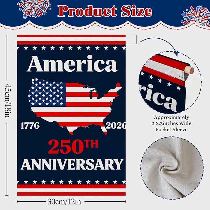 250 Anniversary USA Garden Flag, Double Sided Waterproof Patriotic America Map Flag 1776–2026, Outdoor Yard Decor 12x18