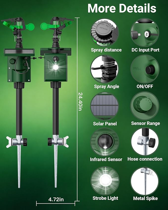 Motion Activated Sprinkler, Solar Animal Repellent Outdoor - 2 Packs Deer Cat Deterrent with Motion Sensor & Flashing Lights, IP65 Waterproof for Yard Garden Lawn Protection (Standard Model)
