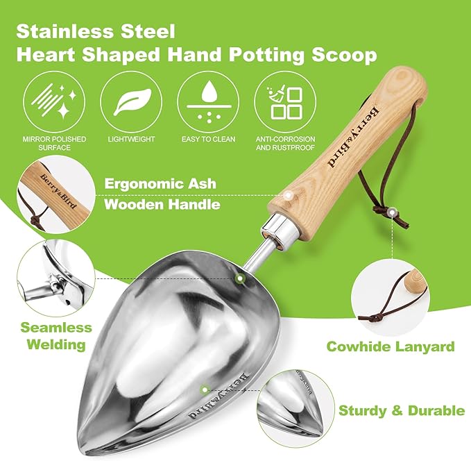 Berry&Bird Garden Oversized Soil Scoop, Stainless Steel Gardening Trowel with Wood Handle Multi Function Hand Shovel Spade Spoons for Transplanting, Planting & Cultivation