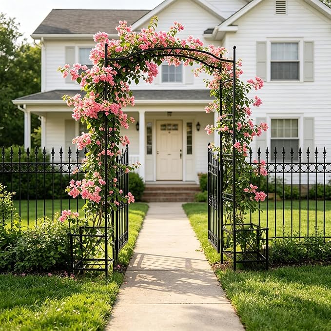 93" Garden Arched Arbor with Planters Outdoor Metal Garden Trellis Flat Top | Arch Trellises for Climbing Plants Vegetables Rose Vine Garden Archway for Backyard Patio Lawn Wedding Party Decoration