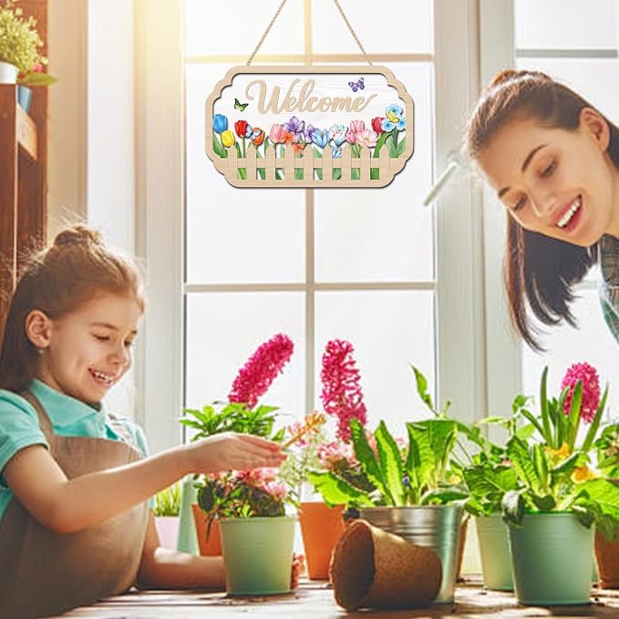 HOURIA 3D Welcome Front Door Sign (11.4”x7”),Floral Butterfly Garden Sign,Colorful Tulip Flower Wreath Sign,Spring Summer Decorations for Home Office Indoor Outdoor