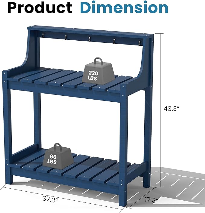 Garden Potting Bench for Outside, HDPE Outdoor Potting Table with Storage Shelves & Tool Hooks, All Weather Planting Workstation for Patio Backyard Garden (Dark Blue)