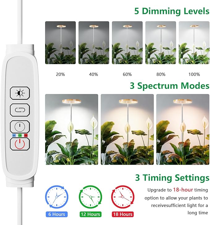 SDOVUERC Full Spectrum Grow Lights for Indoor Plants – Adjustable Height Plant Lamp with Wood‑Grain Finish, 6/12/18H Timer, 3 Color Modes, Perfect Plant Lights for Houseplants Growing(Pack 2)