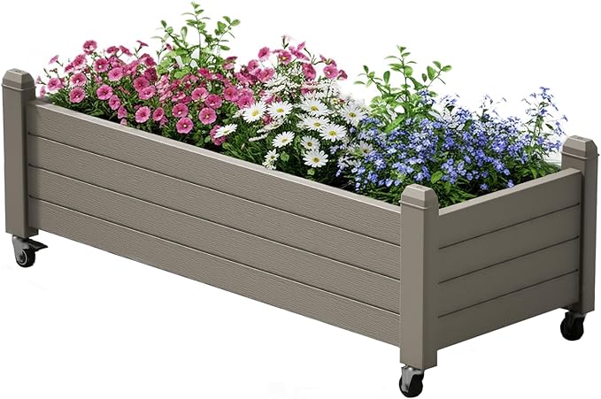 Raised Garden Bed with Wheels Outdoor, Resin Planter Box with Drain Hole and Water Level Detector for Backyard, Patio, Balcony, Gray(13.3" H)