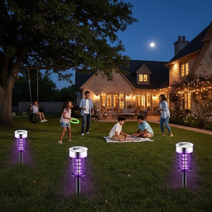 4 Pack Upgraded Solar Bug Zapper Outdoor Waterproof Mosquito Repellent Outdoor Patio Mosquito Trap & Killer for Moths, Gnats, Flies, Small Flying Insect, Solar Powered Fly Zapper for Backyard, Garden