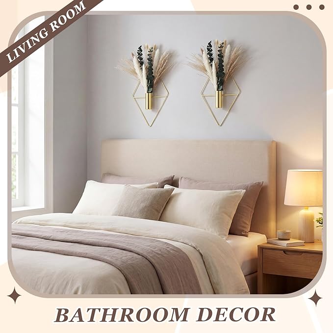 Canlierr 4 Pcs Gold Wall Decor Hanging Planters with Artificial Plants Eucalyptus Pampas Grass Metal Hanging Vase Indoor Plants Holder Modern Boho Wall Art for Bathroom Bedroom Living Room Decor
