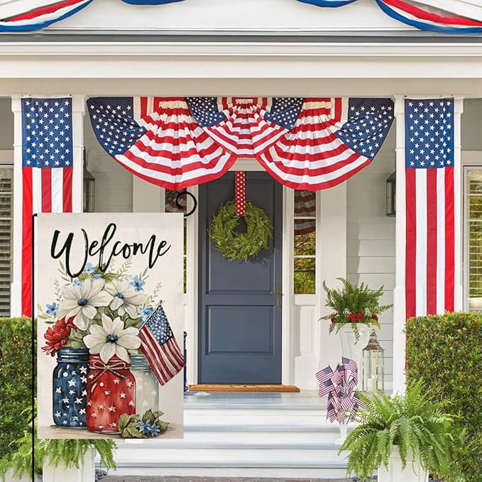 4th of July Floral Garden Flag 12x18 Vertical Double Sided Patriotic Mason Jar Flowers Red Blue Memorial Day Independence Day Holiday Outside Decorations Burlap Yard Flag BW321
