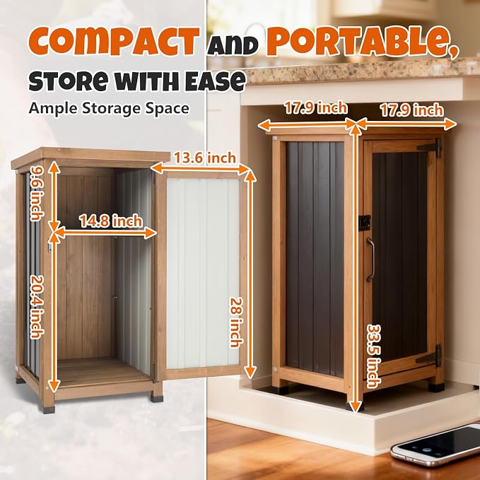 Outdoor Storage Cabinet Waterproof with Metal Top, Multi-Purpose Wood & Metal Potting Bench Tool Organizer with Adjustable Shelf, Garden Storage Box for Patio Backyard