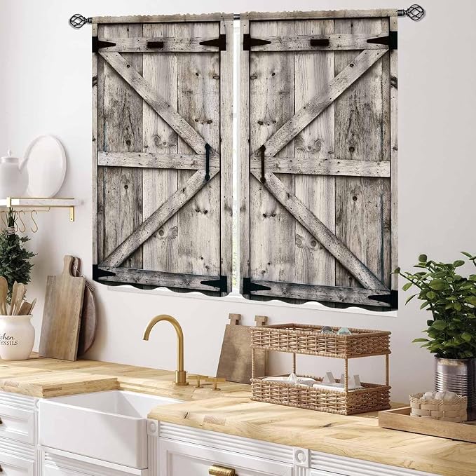 Barn Door Curtains, Farmhouse Rustic Gray Barn Door Country Cottage Western Barnwood Garage Blackout Window Treatments for Kitchen Living Room Bedroom Cafe, 55x39 Inch