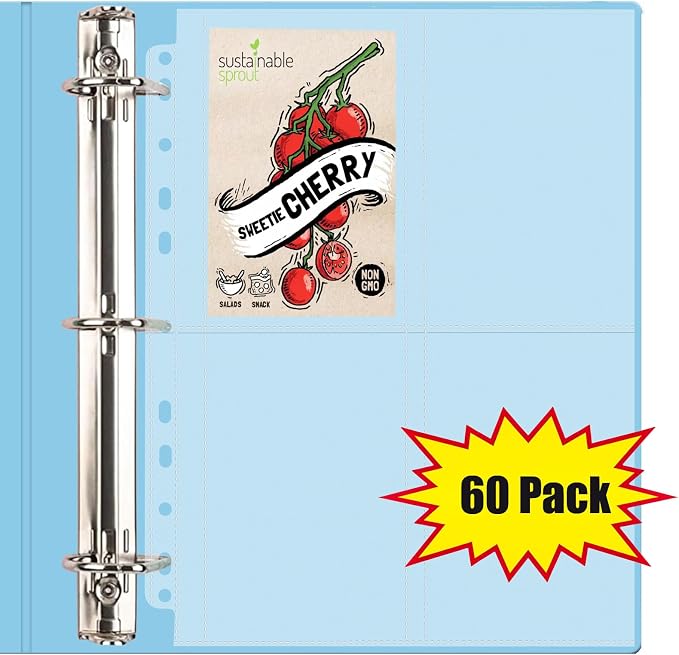60 Pack 240 Pockets Seed Packet Sleeves, Garden Seed Storage Organizer Pages for 3 Ring Binder, Slot Size 3.5"x 5", Sleeves for Seed Protector Holder Container, Postcards Photos Cards