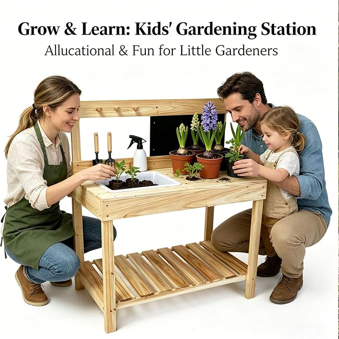 Kids Wooden Potting Bench with Chalkboard, Removable Basin, Storage Shelf and Hooks, Outdoor Garden Work Table,Educational Gardening Tools (Wood)