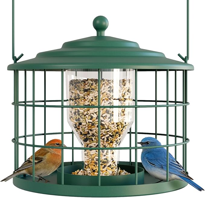 Squirrel Proof Bird Feeder, Metal Cage Bird Feeder for Outdoors Hanging, Starling Resistant Design for Small Birds, Weatherproof with Drain Holes, Easy to Refill, Green