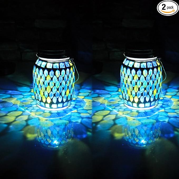 Solar Mosaic 2pack Outdoor Waterproof Cool Blue Mosaic jar Decor Christmas Gifts for Women Mom Grandma Halloween Hanging Solar Lights Decoration Outside for Yard, Patio,Backyard,Porch (Contemporary)