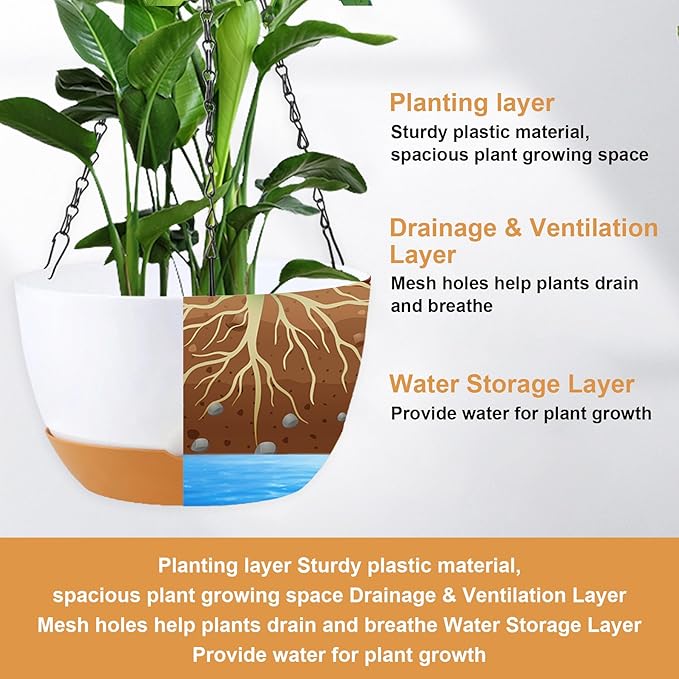 KPUVX 4 Pack Hanging Baskets for Plants Outdoor,8 Inch Plastic Hanging Planter for Plants Indoor with Drainage Holes and Chain for Garden Porch Plants(White+Black+Green+Beige)