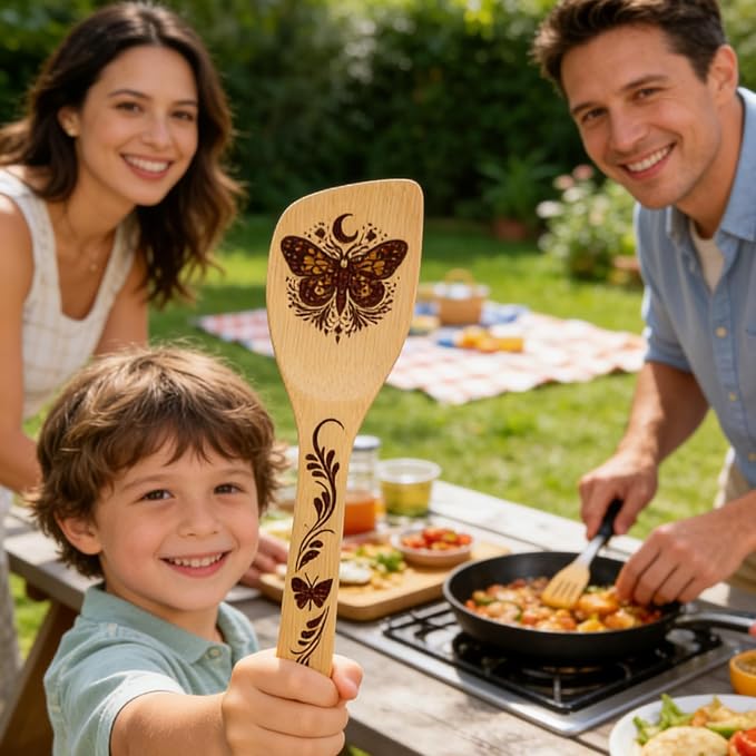 5Pcs Unique Butterfly Print Bamboo Spoon for Cooking - Wooden Spoons with Keychain Butterfly Decor Kitchen Utensils Gifts for Women Mom Couple Wife Hostesses House Warming