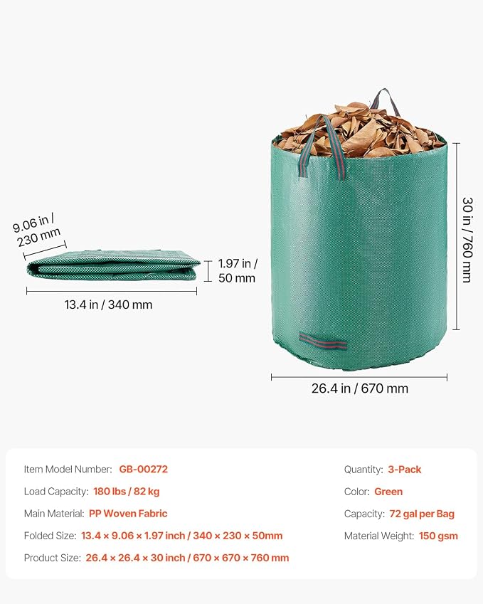 VEVOR 3-Pack 72 Gallon Reusable Yard Waste Bag, Large Lawn Garden Bags, Heavy Duty Collapsible Garden Leaf Trash Container, Stand-Up Grass Clipping Bin, with Reinforcement Ring and Handles, 26.4x30 in