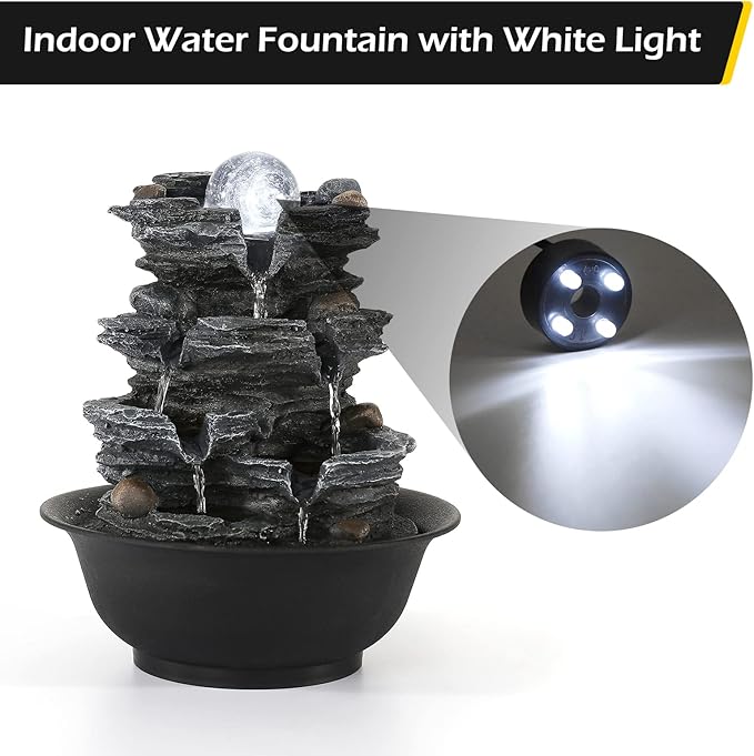 Dyna-Living Tabletop Water Fountain Indoor Waterfalls Fountains with White LED Light Decorative Feng Shui Tabletop Fountain with Quiet Pump and Spinning Ball, Desktop Waterfall Fountain for Home Decor