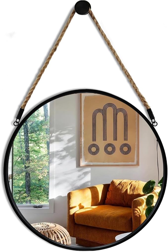 POZINO Round Hanging Mirror with Rope, 15" Circle Wall Mirror with Black Metal Frame, Farmhouse Decorative Mirror for Entryway, Living Room, Fireplace, Bedroom, Bathroom