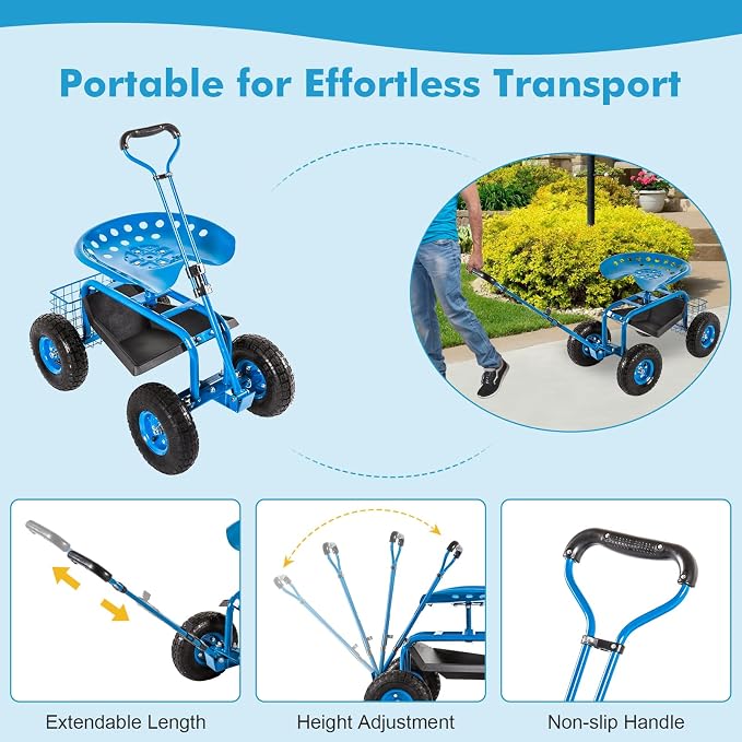 J-Sun-7 Garden Cart with Seat - Rolling Garden Scooter, Steel Stool with Wheels, 360 Degree Swivel Work Seat, Adjustable Handle, Tool Tray, Basket, Gardening Stools for Seniors, Blue