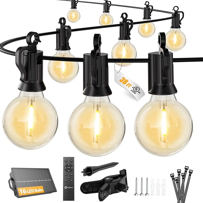 Brightown 38FT 16LED Solar String Lights Outdoor with Remote & USB Port, Shatterproof Bulbs, Dimmable & Timable, 3 Modes, Patio Lights Solar Powered with Mount Clips for Camping Backyard Garden Decor