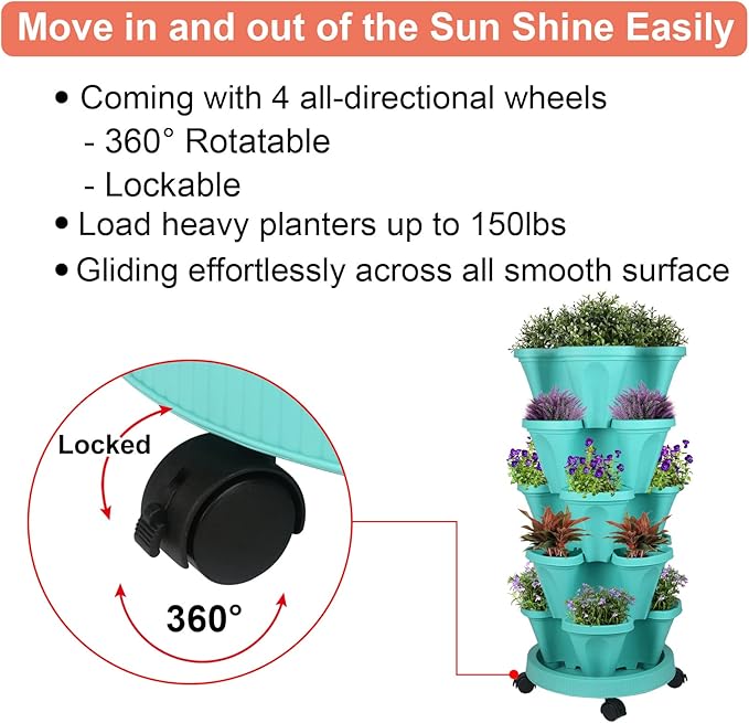 GameXcel Vertical Planter Tower - 5 Tier Stackable Garden Planters with Wheels and Tools Plant Pots for Strawberry Herb Flower and Vegetable Indoor Outdoor Use Teal 2 Pack