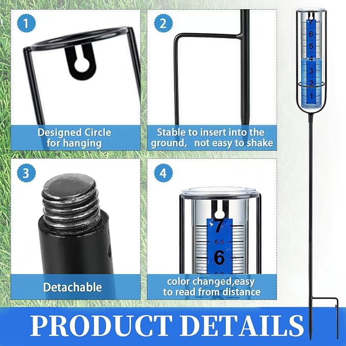 Rain Gauge Upgrade, 7" Freeze-Proof Rain Gauge Outdoor Best Rated, Large Clear Numbers and Adjustable Height - Stylish and Practical Rain Measuring Tool for Garden, Lawn, Patio