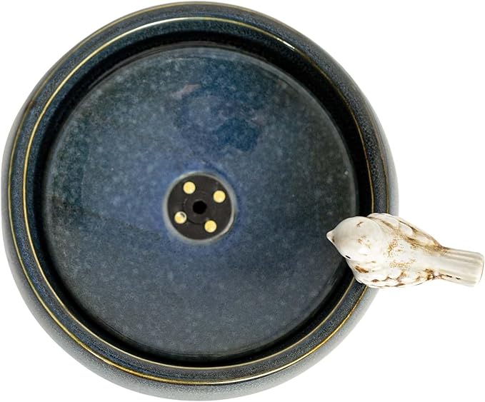 Foreside Home and Garden 8.86" Blue Porcelain Perched White Bird Natural Pebbles Fountain w/LED Lights All Seasons Spring Summer Living Room Coffee Table Kitchen Dining Dinner Table Office Bedside