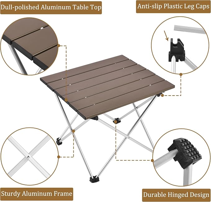 Grope Small Folding Camping Table with Aluminum Table Top, Beach Table for Sand with Carrying Bag,Prefect for Outdoor, Picnic, BBQ, Cooking, Festival (Coffee-L)