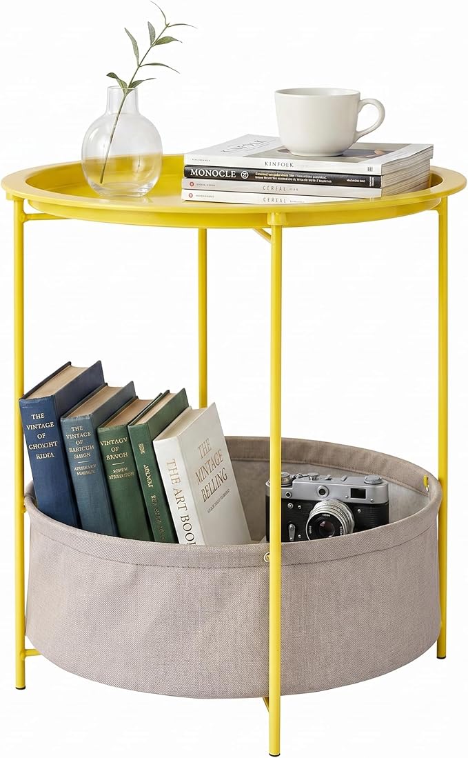 VECELO Round Side/End Table with Fabric Storage Basket，Metal Anti-Rust and Waterproof Small Bedside Nightstand with Removable Tray Top for Living Room，Balcony & Laundry，Yellow /1pcs with Basket