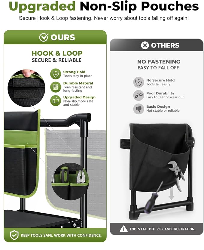 Garden Stool & Kneeler 7-Piece Set with 3 Aluminum Tools, Double-Layer Tote Bag & 2 Side Pouches - Foldable Gardening Bench Kit - Ideal Gifts for Women Mom Seniors (Light Green)