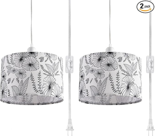 2 Pack Plug in Pendant Light, Hanging Light with 15Ft Clear Cord, On/Off Switch, Flower Fabric Lamp Shade, Hanging Light Fixture for Bedroom, Kitchen, Living Room, Dining Table
