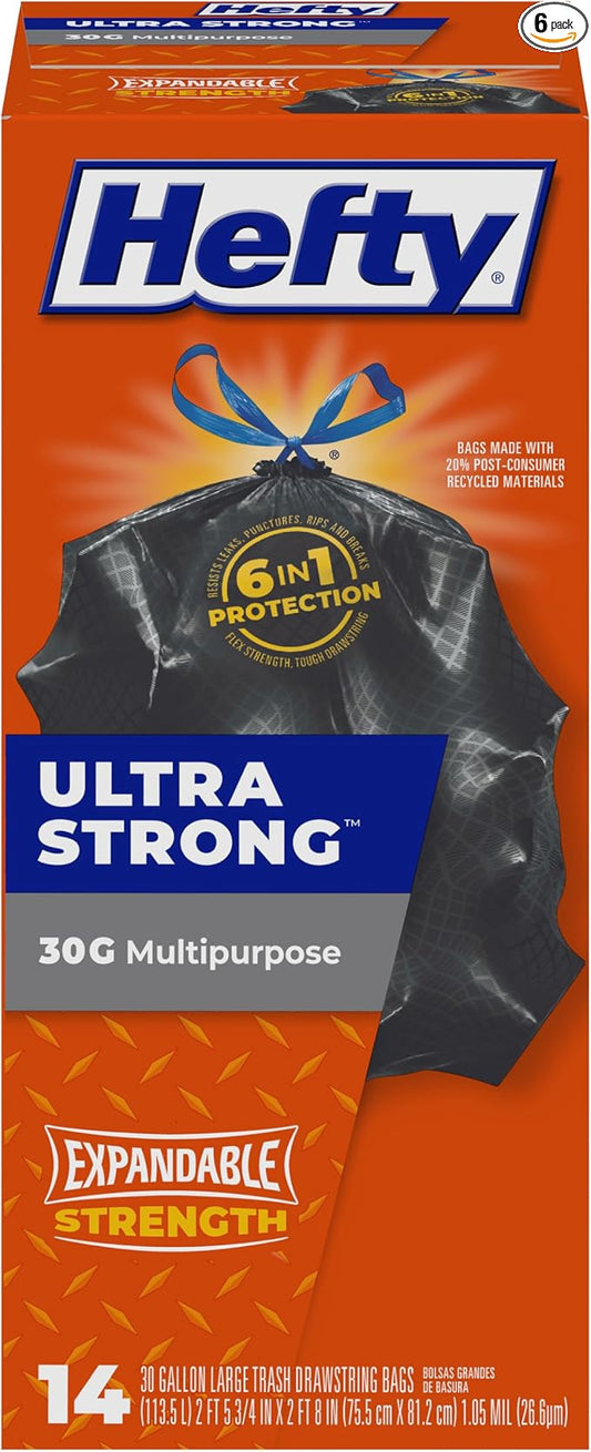 Hefty Strong Large Trash Bags, Black, 30 Gallon, 14 Count (Pack of 6)