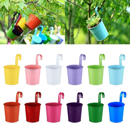 12 Pack Balcony Planters Railing Hanging, Colorful Railing Planter 4 Inches Small Hanging Plant Holder Indoor/Outdoor